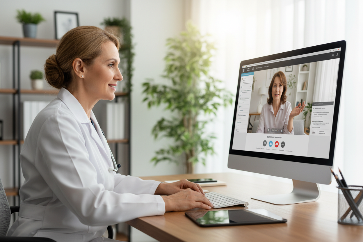 50 year old female doctor talking to a menopausal woman on a video call. 