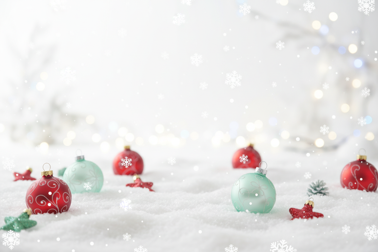 Christmas back ground with light colours white with some red and green snow ornaments