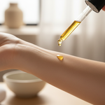 Oil dropper dropping oil on woman's arm