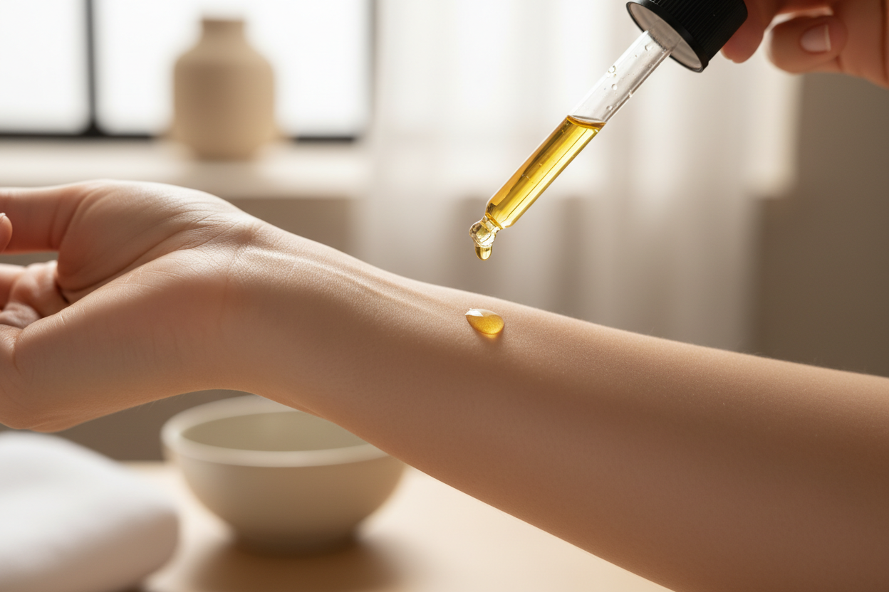 Oil dropper dropping oil on woman's arm
