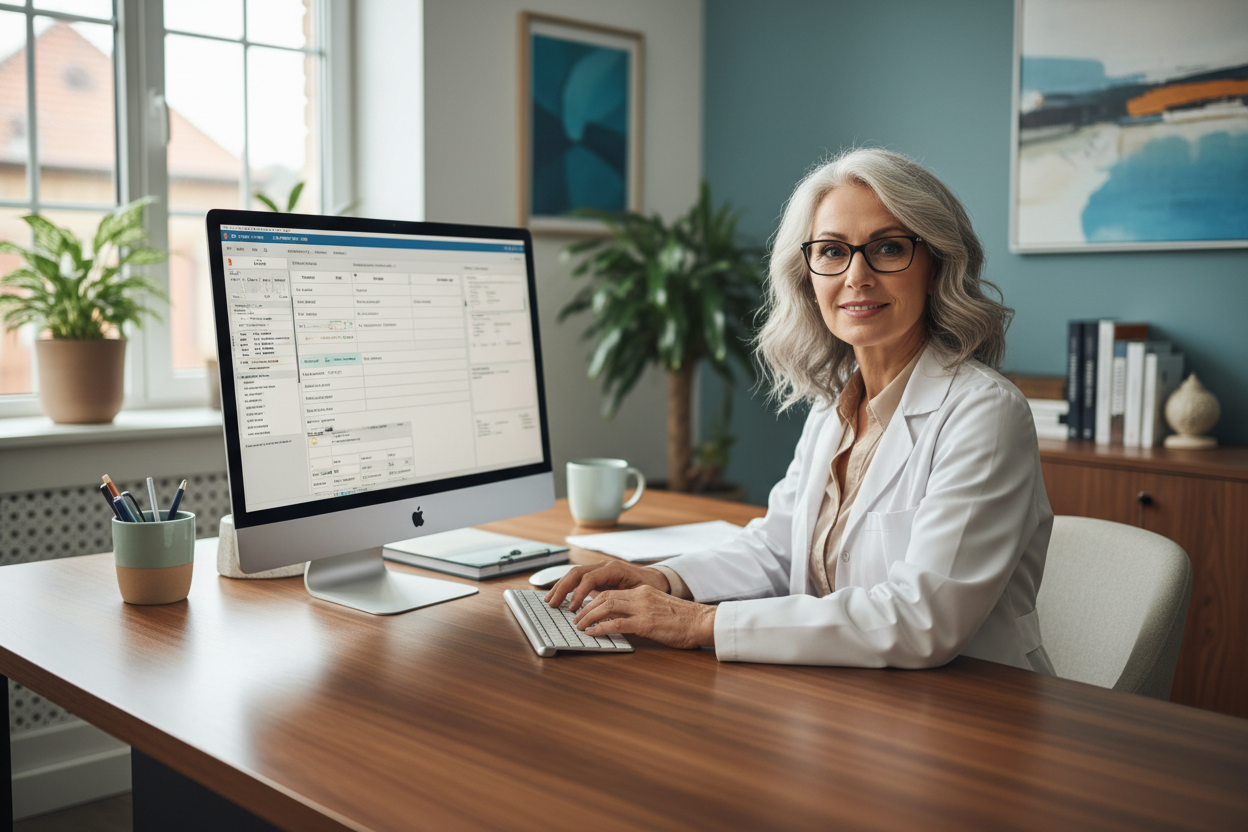older woman Doctor on Computer 